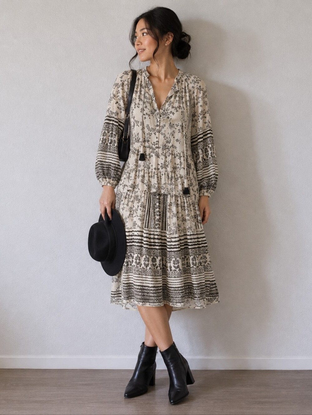 Anthropologie Cream and Black Printed Tiered Maxi Dress